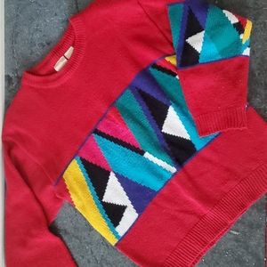 1980s Slouchy Sweater, Vintage Red Geometric Saved by the Bell Shoulder Pads S/M